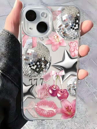 1 pieza Funda protectora de teléfono transparente de TPU con estampado de lazo, bola de discoteca, floral y estrella, a prueba de huellas dactilares, compatible con iPhone 16 Pro Max/16/16 Pro/16 Plus/11/15/15 Pro/15 Pro Max/12/13/14 Pro Max/XS/XR/11 Pro/11 Pro Max/12 Pro/12 Pro Max/13 Pro/13 Pro Max/7 Plus/14 Pro/14 Pro Max/14 Plus/7 Plus/8 Plus/8/SE2/12 Mini/13 Mini, suave y resistente a la decoloración, impermeable, a prueba de golpes y resistente a los arañazos