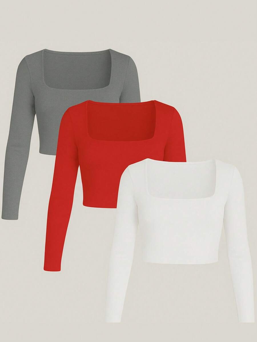 3-Pack Cropped Long Sleeve Square Neckline Basic Women's Winter - Gray/Red/White - View 1