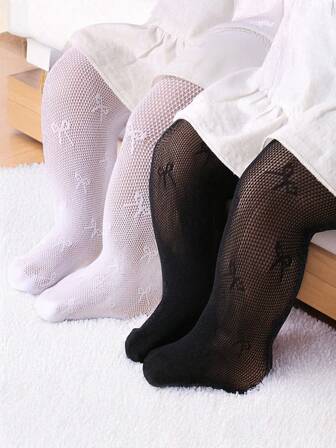 2 条装婴儿紧身裤，适合 0-3 岁女婴 - 黑白蝴蝶结 - 提花网眼紧身裤，夏季日常穿着的理想之选，妈妈们的时尚首选