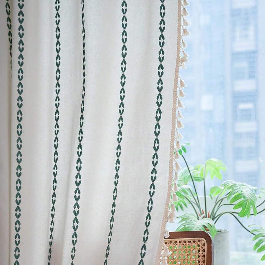 Boho Curtains 84 Inches Long Bedroom, Taupe Cotton Linen White Stripes Embroidery, Chic Hollow Geometric, Semi Blackout Window Vintage Drape With Tassels, 1 Panel W52 X L84, Fashionable Home Decor - 翠綠色條紋 - 查看 1