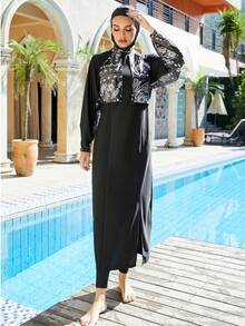 3pcs Women Modest Swimwear Set, Dignified Islamic Style, Long Sleeve Full Coverage, Includes Swim Cap Vacation Beach Black Summer - Black - View 2