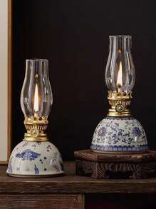 1pc Ceramic Blue And White Porcelain Floral Oil Lamp With Lamp Shade, Adjustable Wick, Suitable For Camping, Home Use, Festivals Like Christmas, Easter, Ramadan, Valentine's Day, Gift