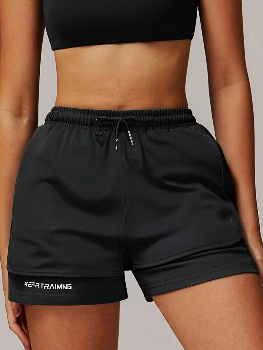 Pantalones cortos deportivos para mujer, shorts de correr 2 en 1 - Negro - Ver 1