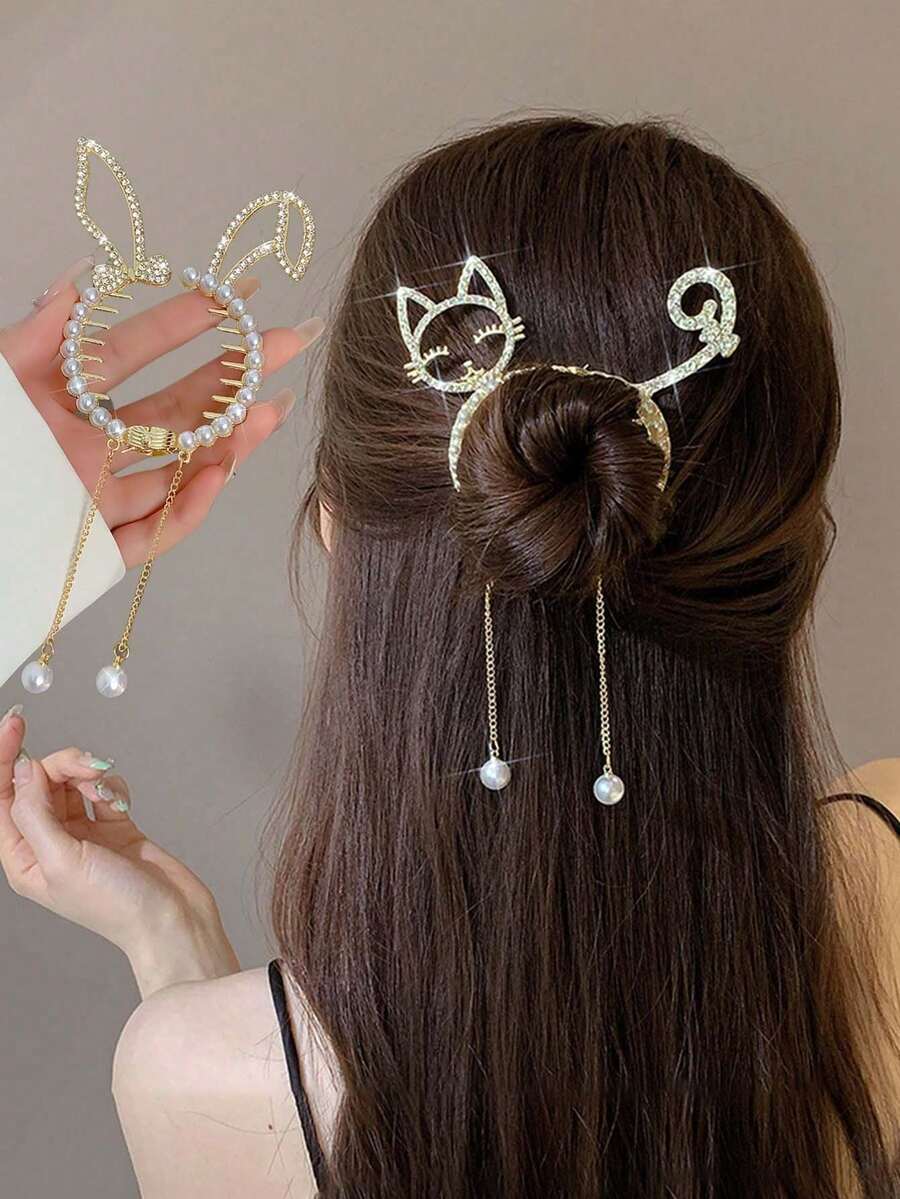 2pcs/Set Women's Gold Cat/Rabbit Ear Pearl Tassel Rhinestone Hair Clips, Non-Damaging Ponytail Clips For Daily Wear - Gold - View 1