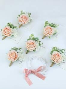 6 件套男士婚礼胸花，高仿真法兰绒玫瑰婚礼胸花，新郎伴郎用，森林系列胸花非常适合婚礼舞会舞蹈仪式周年纪念装饰花情人节