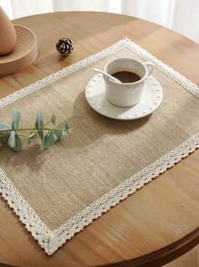 1pc Natural Linen Color Lace-Trimmed Placemat, Heat Insulation Suitable For Meal Atmosphere Improvement And Decoration