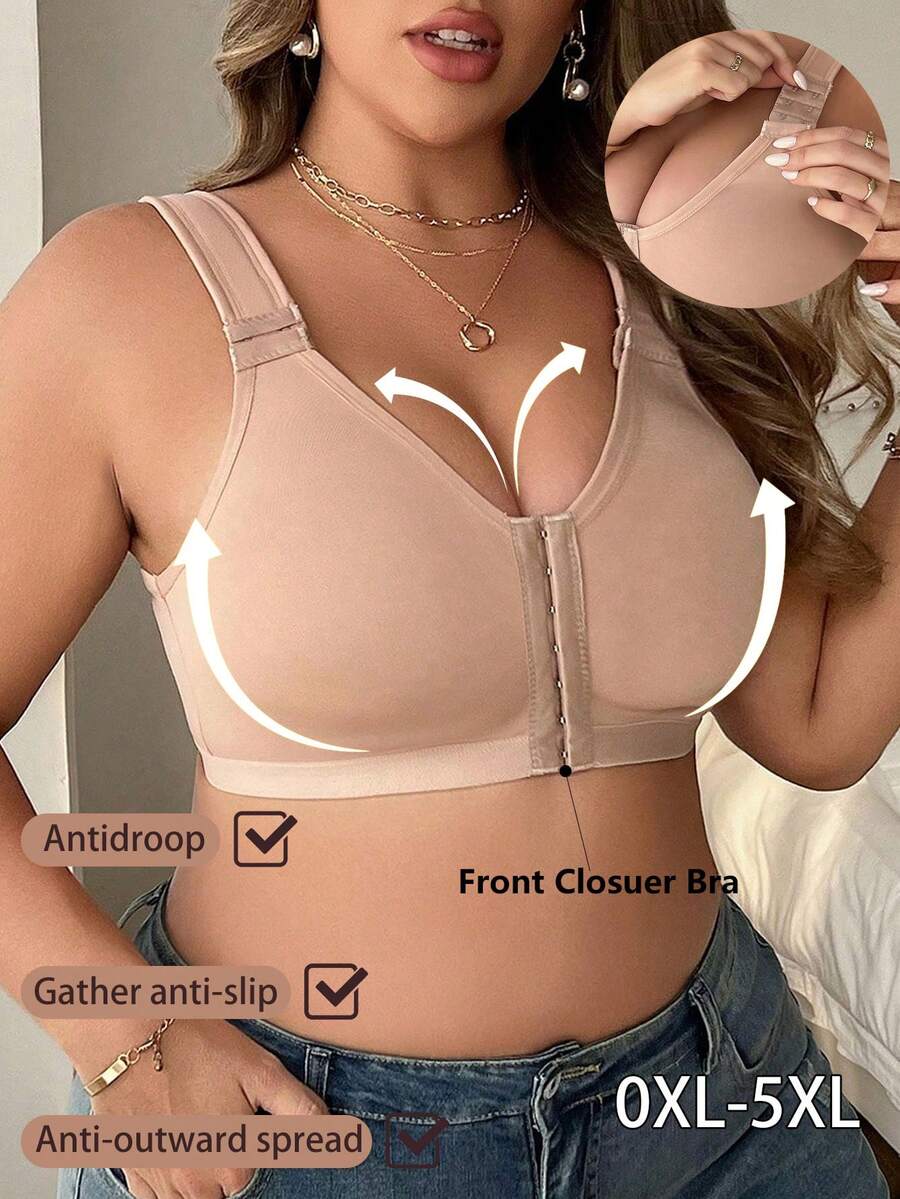Front Closure Plus Size Women Comfortable Soft Wireless Bra - Apricot - View 1