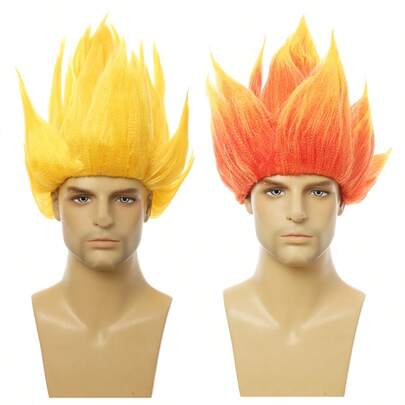 Anime Character Wig Set - 2 Colors: Orange & Yellow, Flame Hairstyle Synthetic Fiber Wigs For Cosplay, Sun Wukong