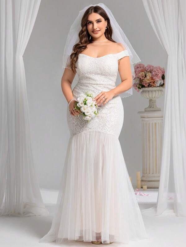 EVER-PRETTY Plus Vintage Lace Contrast Mesh Off-Shoulder Fitted Floral Embroidered Mermaid Wedding Dresses For Outdoor Lawn Beach Wedding Party, White Dress For Bride