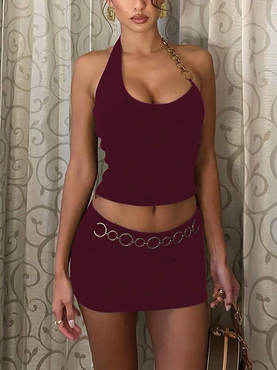 女士纯色露背修身短款上衣和裙子两件套性感派对度假街头装夜间外出春夏装 - 酒紅色 - 查看 1