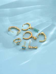 7 件/套简约绿松石和蓝色锆石耳环套装，优雅耳钉适合女性约会、派对、日常佩戴 - 金黃色 - 查看 4