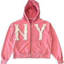 NY Letter Printed Embroidery Hoodies Mens Zip Up Hooded Jacket Casual Hip Hop Streetwear Jacket Zipper Hooded Sweatshirt For Men And Women    Halloween  Spring/Fall  Loose  Drawstring  Zipper  Pocket - 粉色 - 查看 1