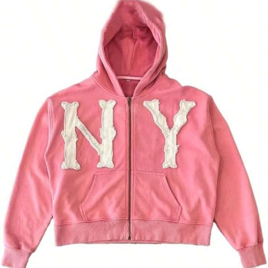 NY Letter Printed Embroidery Hoodies Mens Zip Up Hooded Jacket Casual Hip Hop Streetwear Jacket Zipper Hooded Sweatshirt For Men And Women Halloween Spring/Fall Loose Drawstring Zipper Pocket - 粉色 - 查看 1