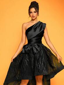 Novo vestido de coquetel elegante de alta qualidade com decoração de laço e decote assimétrico, vestido de festa, vestido para convidada de casamento, vestido formal, vestido de noite, vestido longo