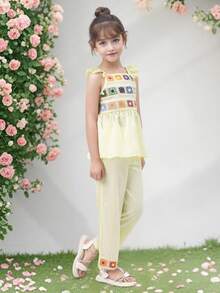 Set 2 buc. fete, top și pantaloni cu mânecă scurtă brodați cu flori colorate, ținută casual confortabilă pentru exterior/sărbători/zi de naștere, vară - Caisă - Vizualizare 3