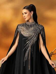 AmazingHoney Váy Kaftan Cape thêu màu đen thanh lịch dành cho phụ nữ, váy Dubai Jalabiya dáng rộng có chi tiết đính cườm sequin, Abaya Ramadan, trang phục dạ hội của người Hồi giáo, váy kín đáo, thời trang Hồi giáo, phong cách Dubai, Abaya dự tiệc, váy dài tay - màu đen - Xem 1