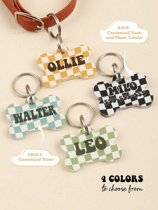 Etiquetas de perro personalizadas a cuadros Retro, personalizadas Names, identidades de perros de teléfono, etiquetas de forma de hueso para perros, collares de mascotas de alta gama, Etiquetas personalizadas para perro Retró y múltiples opciones de color son las mejores opciones para regalar a perros en decoración, estilo grabado, moda, colorido, vintage, lindo, con estilo, personalizado, único, personalizable, mascotas personalizadas, para cumpleaños, aniversarios