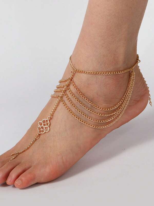 1pc Fashion Personalized Simple Iron Thick Chain Multi-Layer Tassel Hollow Cloud Pendant Toe Chain Foot Jewelry, Suitable For Women Summer Beach Barefoot Daily Casual Outfit, Decoration Accessory, Holiday Gift