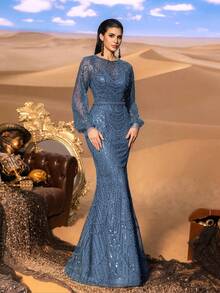 Faeriesty 高级魅力优雅长袖亮片鱼尾礼服，专为女性打造——精致的水晶串珠刺绣，闪耀夺目的全身细节，修身喇叭裙摆，适合红毯活动、奢华婚礼、正式晚宴和时装秀等场合。 - 霧霾藍 - 查看 7