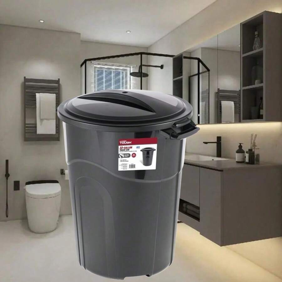 2025 32 Gallon Heavy Duty Plastic Garbage Can With Lid - Indoor/Outdoor Use In Black