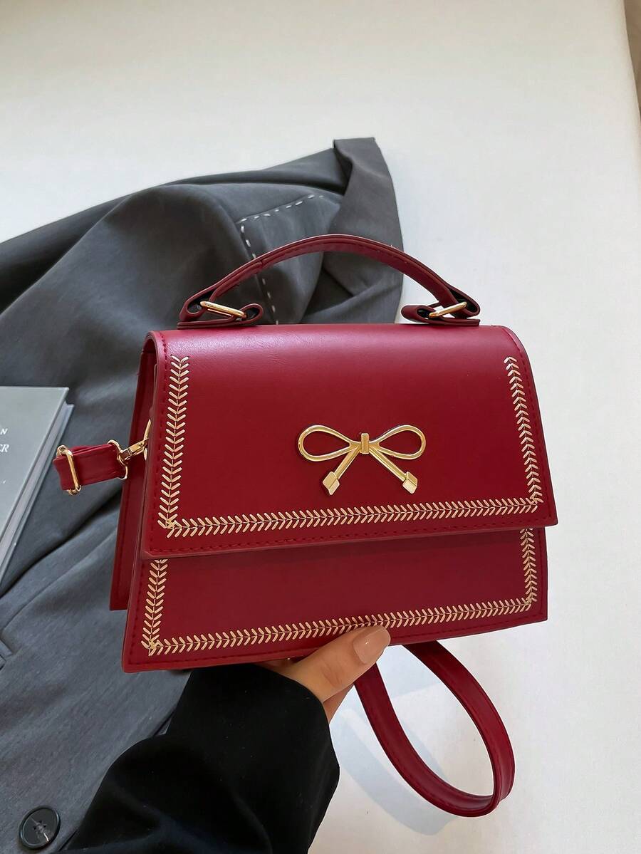 Solid Color PU Leather Sewn Bow Design Flap One Shoulder Crossbody Square Bag, Suitable For Women's Daily Commute, Shopping, Travel, Gathering, Girls' Night Out, Festivals, Birthday Gifts And Parties. - Burgundy - View 1
