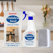 Juego de rociador de limpieza y pulido de 237 ml + esponja abrasiva de acero inoxidable, adecuado para cocinas de gas, campana extractora, utensilios de cocina, desengrasado y eliminación de óxido