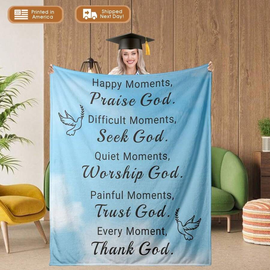 Inspirational Fleece Blanket| Soft Throw Blanket For Bed| Motivational Quote Design| Gift For Women| Faith-Based Inspirational Blanket With Praise, Seek, Worship, Trust God Theme Printing - 彩色 - 查看 1