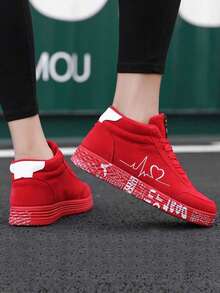 Unisex Sneakers, Red High-Top Lace-Up Flat Casual & Sport Skateboard Shoes, Outdoor Graffiti DIY Lightweight Luxury Solid Color Casual Shoes
