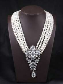 [奢华珍珠项链] 优雅多串仿珍珠项链 - 奢华水晶吊坠，女士派对宴会配饰 - 珍珠款 - 查看 6