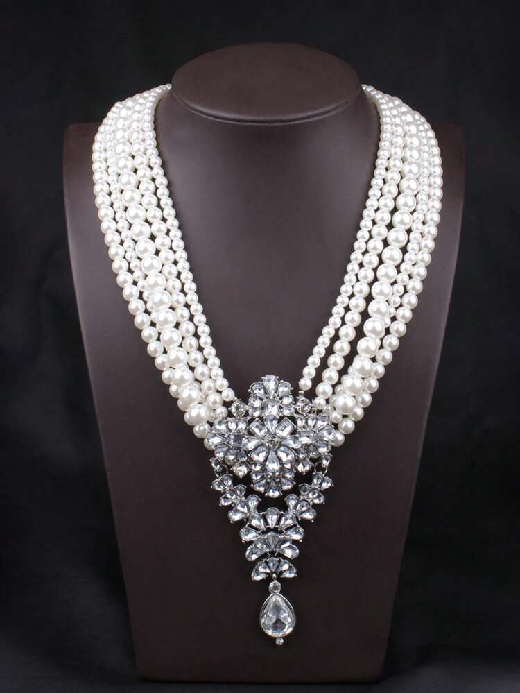 [Luxury Pearl Necklace] Elegant Multi-Strand Faux Pearl Necklace - Luxury Crystal Pendant, Party Banquet Accessory For Women - Pearl - View 6