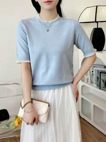 Summer New Arrival Simplistic Lace Trim Blue Short Sleeve Knit Top