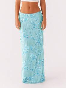 Women's Y2K Summer Sequin Maxi Skirt Sparkle Rhinestone High Waist Floral Embroidery Long Skirt Going Out Glitter Skirt Club Streetwear - Màu xanh lam - Xem 2