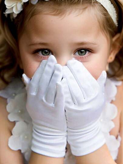 1 Pair Girls' White Minimalist Smooth Gloves, Suitable For Wedding Dress, Photo Shoot, Stage Performance, Princess, Flower Girl, Birthday, Recital, Highly Elastic Five-Finger Gloves