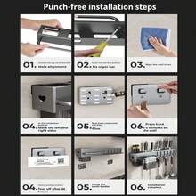 Kitchen Hook Rack Wall Mounted For Kitchen Utensils, Kitchen Storage Shelf Wall For Spices With Towel Holder And Hooks,Hanging Spice Rack Offers Space For Knives(Grey) - Xám - Xem 5