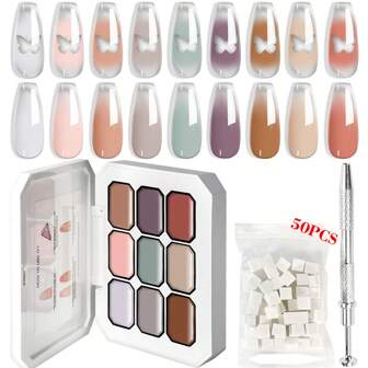 免洗渐变绘画凝胶套装，春夏 9 色浸泡 9 色渐变凝胶指甲油，含 50 块指甲海绵和 4 个爪式金属抓取器，渐变指甲海绵，法式美甲 DIY 美甲，适用于沙龙和家庭美甲 DIY