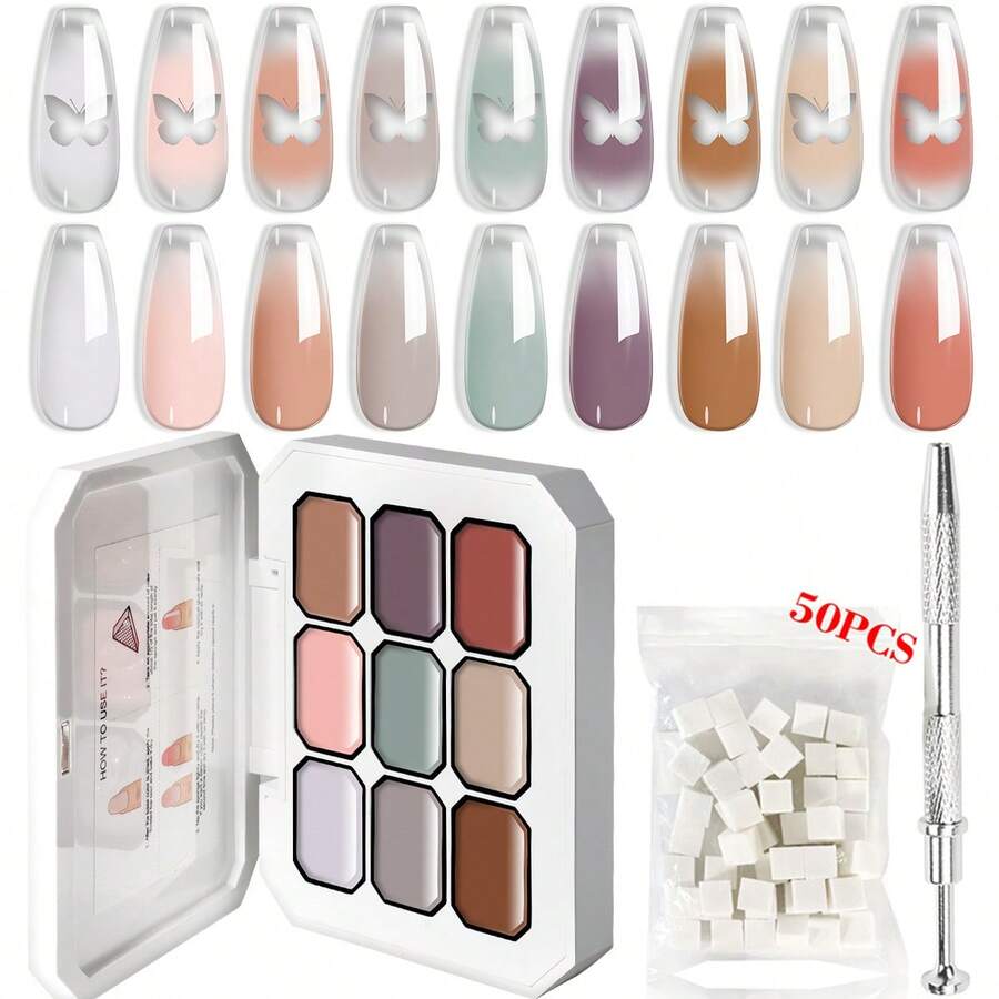 免洗渐变绘画凝胶套装，春夏 9 色浸泡 9 色渐变凝胶指甲油，含 50 块指甲海绵和 4 个爪式金属抓取器，渐变指甲海绵，法式美甲 DIY 美甲，适用于沙龙和家庭美甲 DIY