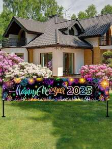 1 件，2025 新年快乐横幅，40*200 厘米涤纶黑金气球烟花倒计时时钟图案新年悬挂横幅，适用于家庭围栏庭院标志、花园、室内室外装饰欢迎活动装饰，2025 年新年快乐庆祝派对装饰，圣诞节 - 彩色 - 查看 8