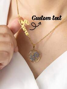 Customized Name Necklace, European And American Style Resin Embossed Jewelry, Lucky Forget-Me-Not Pendant Necklace, Elegant Women Jewelry Gift For Mother's Day, Birthday Gift For Girlfriend, Christmas Gift Necklace - Gold - View 1