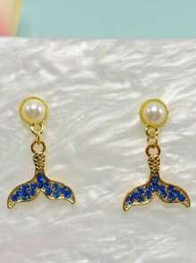 Pendientes de sirena con perlas y rhinestones brillantes, diseño creativo y de moda, adecuados para uso diario y ocasiones especiales