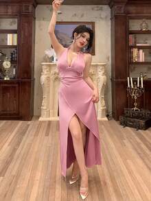 Sexy Deep V-Neck Backless Wrap High Slit Satin Elegant Party Maxi Dress, Romantic & Charming, Suitable For Graduation Party, Wedding, Formal Dinner, Birthday Party And Other Occasions, Young & Fiery Style - Pink - View 2