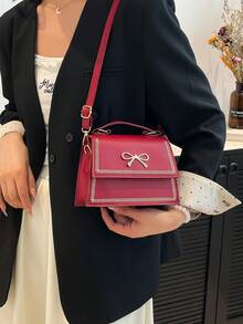 Solid Color PU Leather Sewn Bow Design Flap One Shoulder Crossbody Square Bag, Suitable For Women's Daily Commute, Shopping, Travel, Gathering, Girls' Night Out, Festivals, Birthday Gifts And Parties. - Burgundy - View 4
