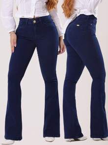 Women's Premium Flare Butt Lifting Jeans With Elastane Lycra High Waist Shaping Dark Blue High Waist - Rửa tối - Xem 1