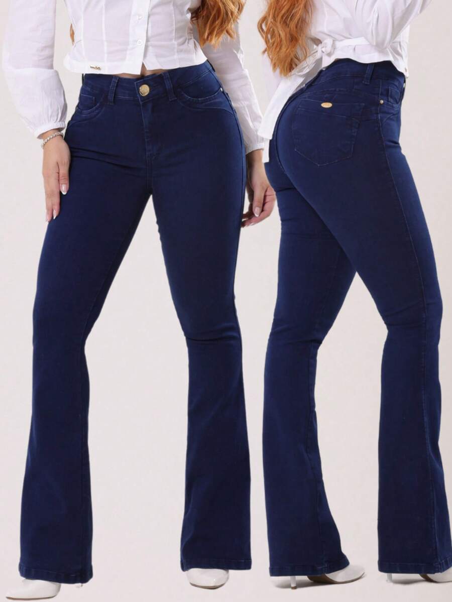 Women's Premium Flare Butt Lifting Jeans With Elastane Lycra High Waist Shaping Dark Blue High Waist - Rửa tối - Xem 1