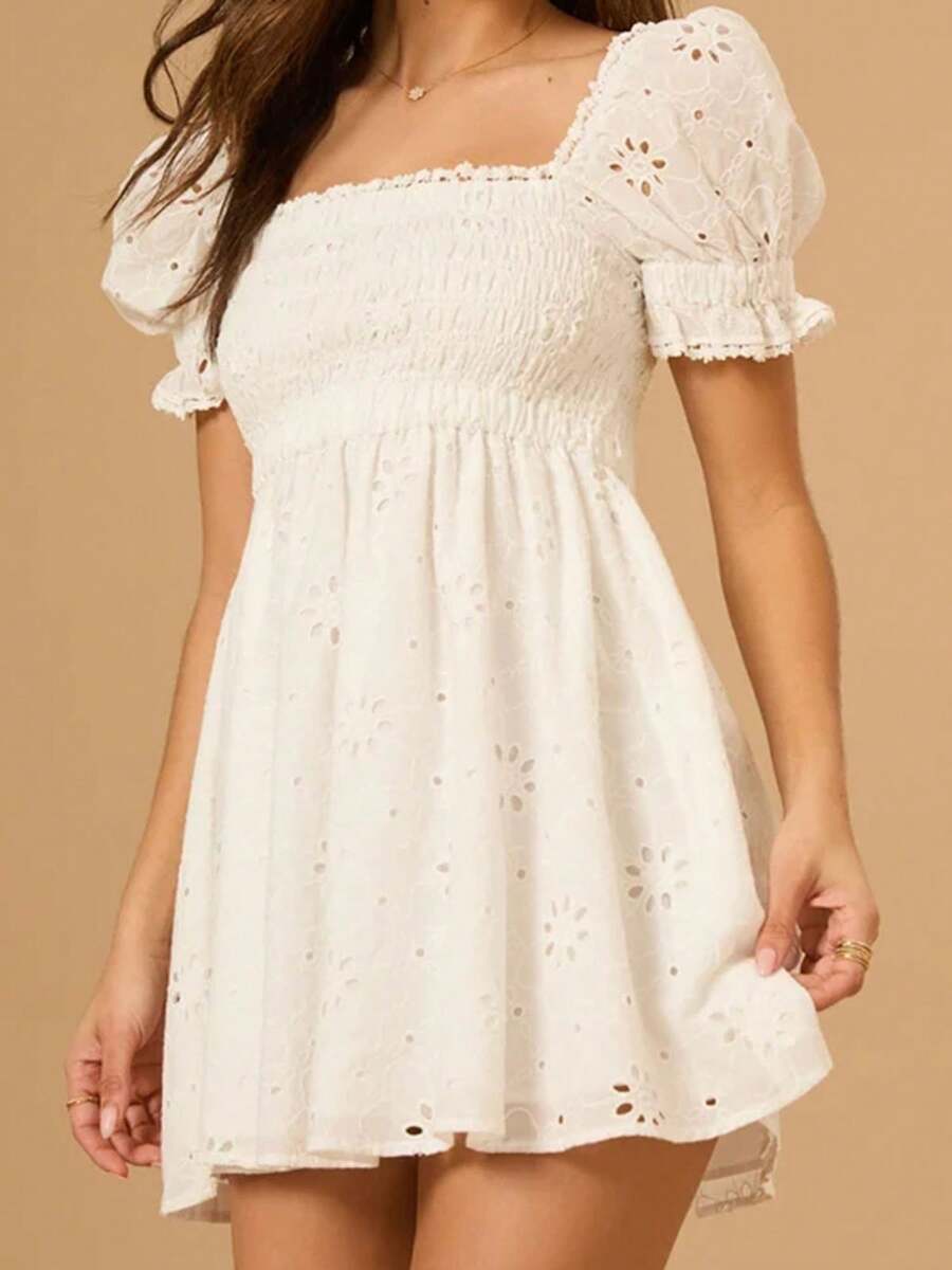 Women's Short Puff Sleeve Dress Solid Color Eyelet Shirred Bust Square Neck Mini A-Line Dress - White - View 1