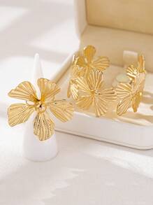 2 pièces/Set de parure vintage élégante composé d'un bracelet et d'une bague en métal avec fleur, convient pour les vacances, le port quotidien, les fêtes et les galas