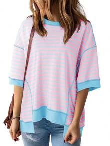 Womens Oversized Striped T Shirt Color Block Cotton Crewneck Half Sleeve Loose Fit Top - 粉色 - 查看 2