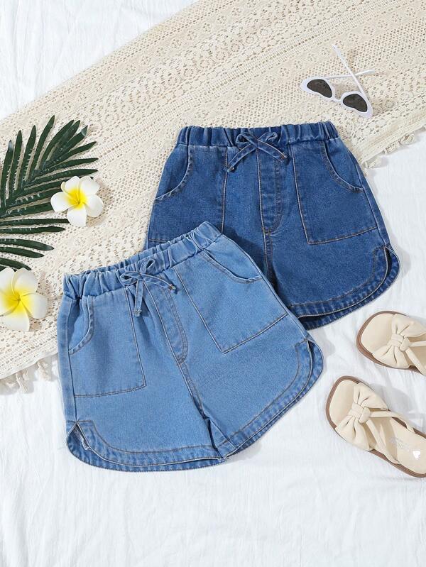 2 pièces/set Shorts en jean délavé bleu clair-moyen pour filles, shorts bermuda décontractés à taille élastique pour enfants pour l'été