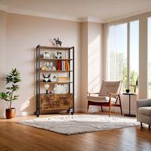 Bookshelf And Bookcase With 2 Louvered Doors And Four Shelves, 27.6" Wide Standing Storage Cabinet For Living Room, Home Office, Kitchen, Vintage Brown - 棕色 - 查看 2