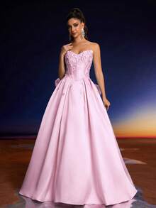 Anymoon Women's Formal Evening Dress, 3D Handmade Floral Decor, Suitable For Graduation Ceremony, Homecoming, And Wedding Occasions - Pink - View 3