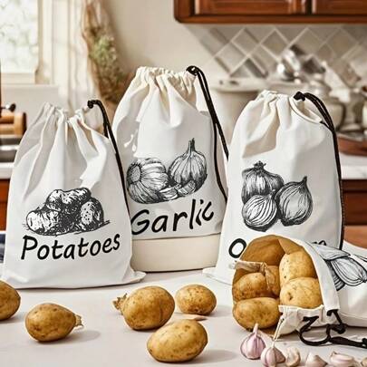 1/3pcs Reusable Vegetable Storage Bag, Drawstring Tied Non-Woven Bag With Side Pull Design, Portable Household Shopping Bag, Anti Sprouting, Suitable For Potato, Onion, Garlic, Camping Fruit And Vegetable Storage, Convenient And Practical